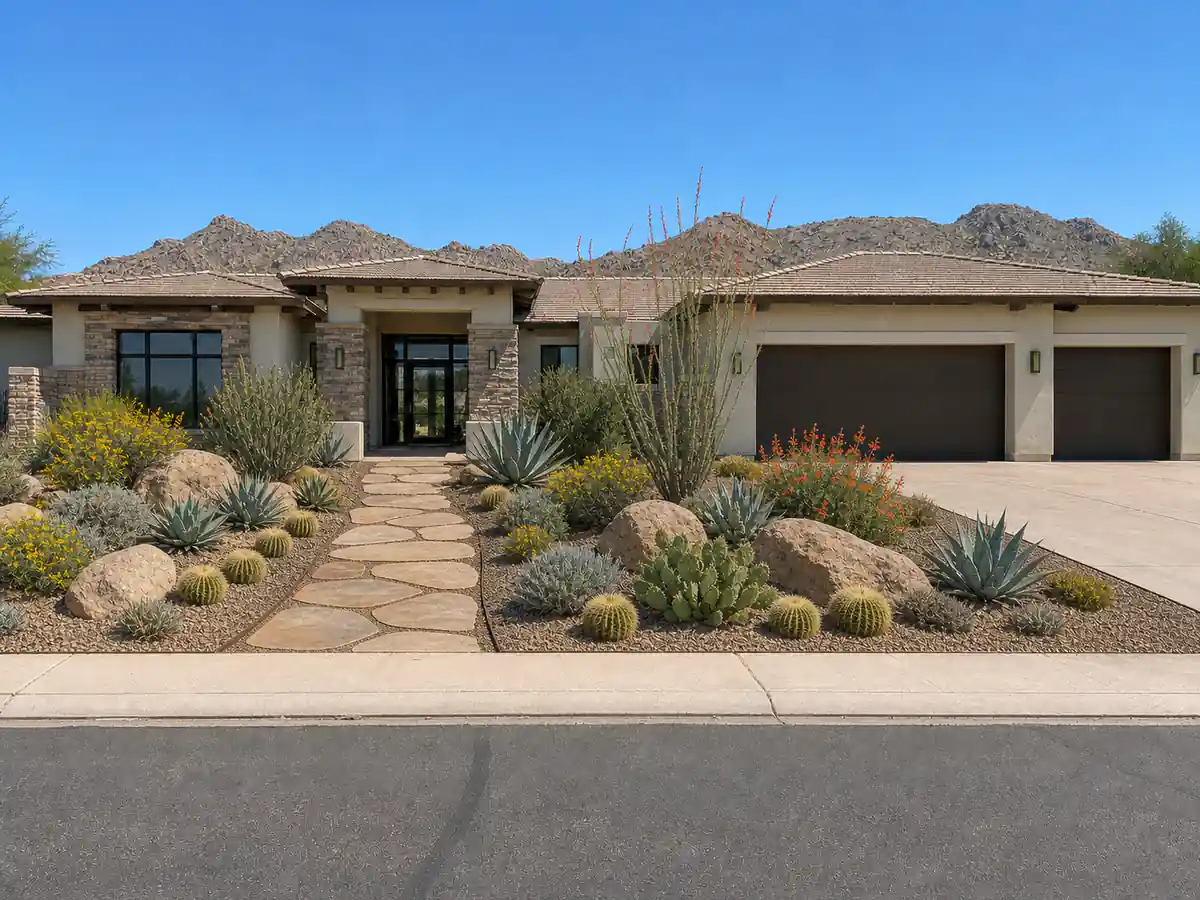 Concept view of the same home after conversion, with the lawn replaced by gravel, boulders, agave, barrel cactus and a flagstone path