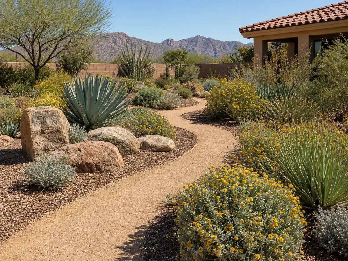 Concept of a no-lawn backyard desert garden with curved granite paths, agave, and boulders