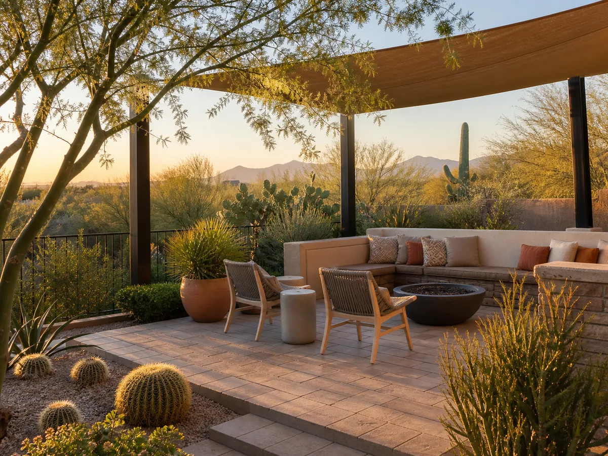 Backyard seating area with pavers and low-water plantings