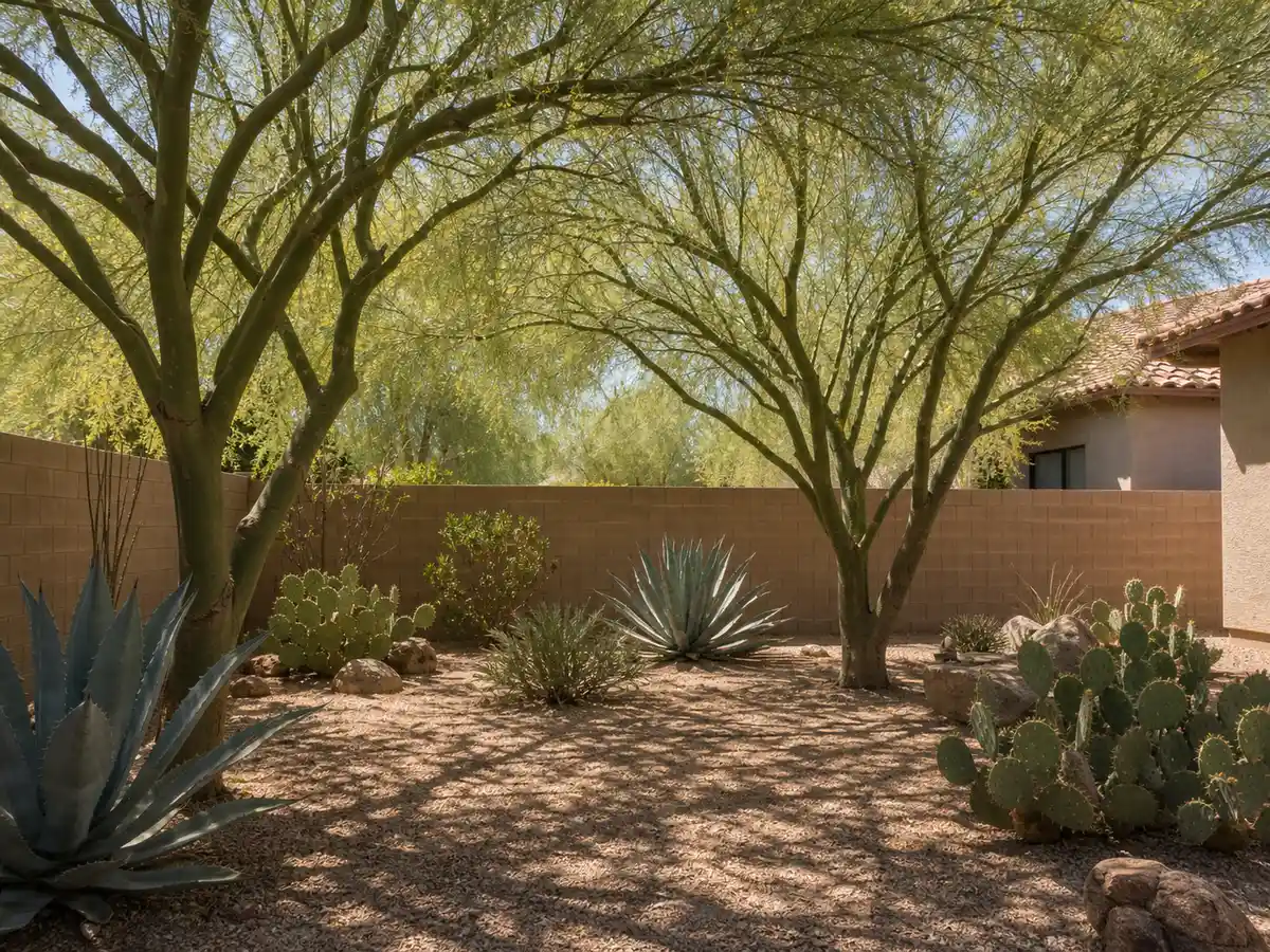 Concept of a shaded desert backyard with palo verde trees, agave, and prickly pear