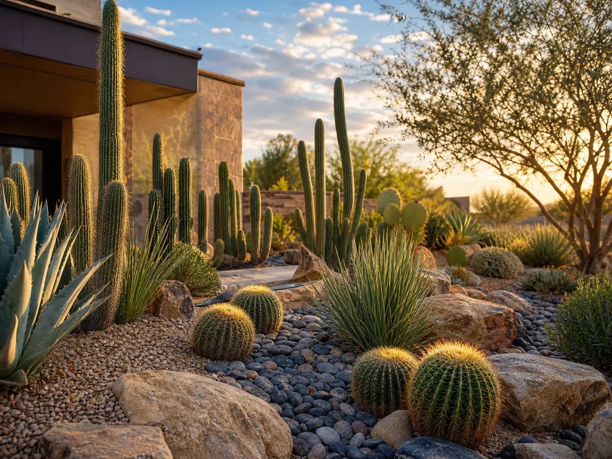 Cactus and succulent garden with decorative rock