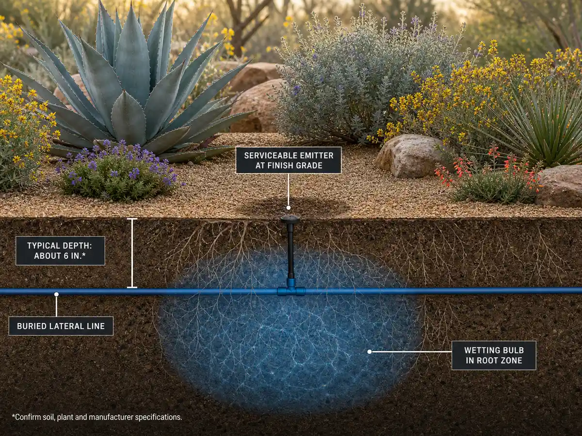 Cutaway concept of a finished desert bed showing a buried irrigation lateral, grade-level emitter, and root-zone wetting bulb