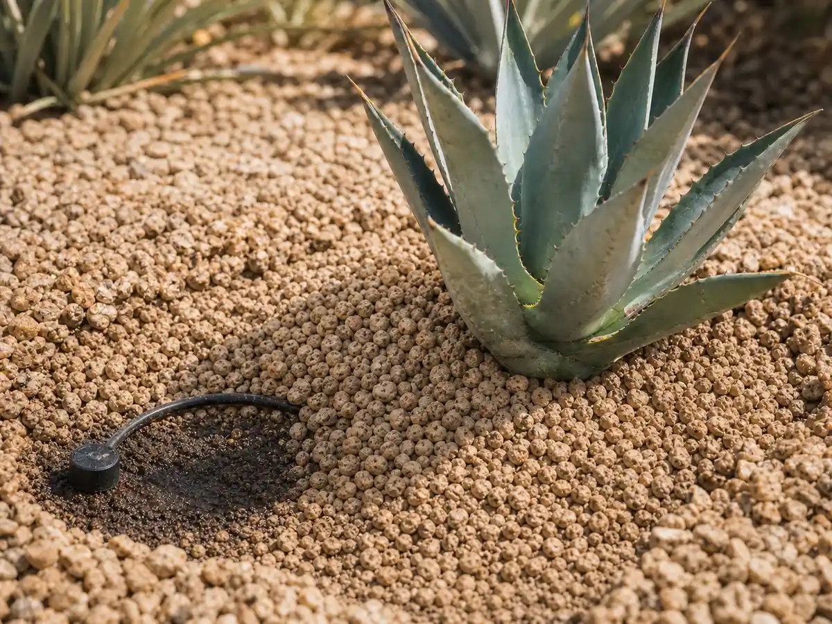 Concept detail of a drip emitter watering soil near a young agave root zone