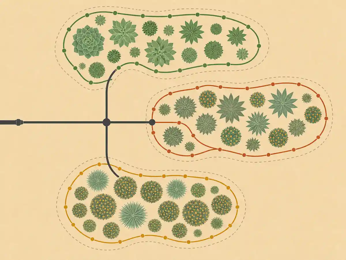 Diagram of a drip irrigation layout showing three planting zones fed from one main line