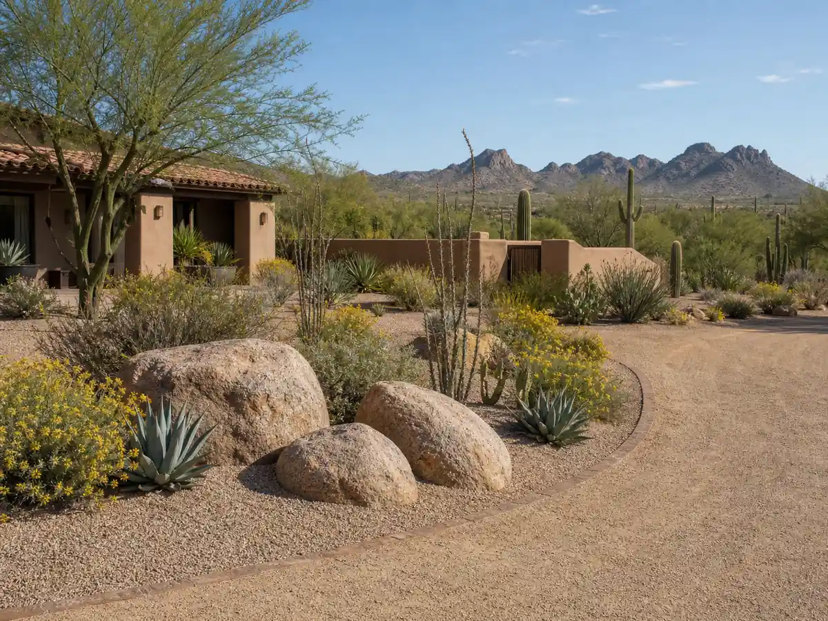 Concept of graduated granite boulders anchoring the curve of a desert planting bed