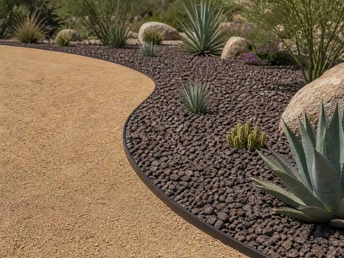 Concept detail of warm decomposed granite meeting dark rock along steel edging
